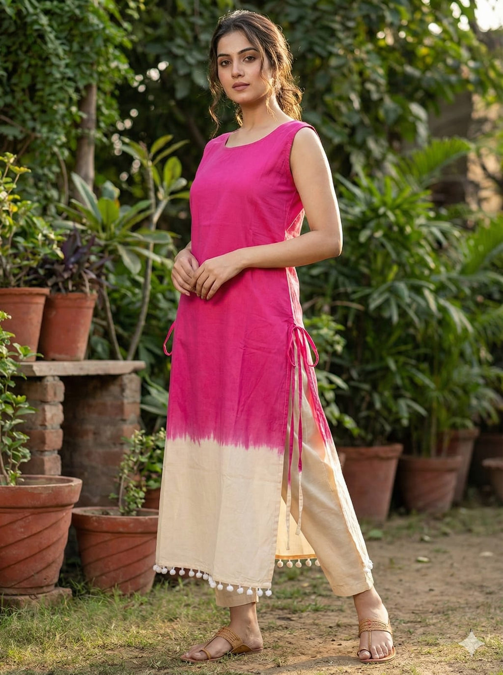 Pink Ombre Festive Kurta & Pant Set with Pom-Pom Trim