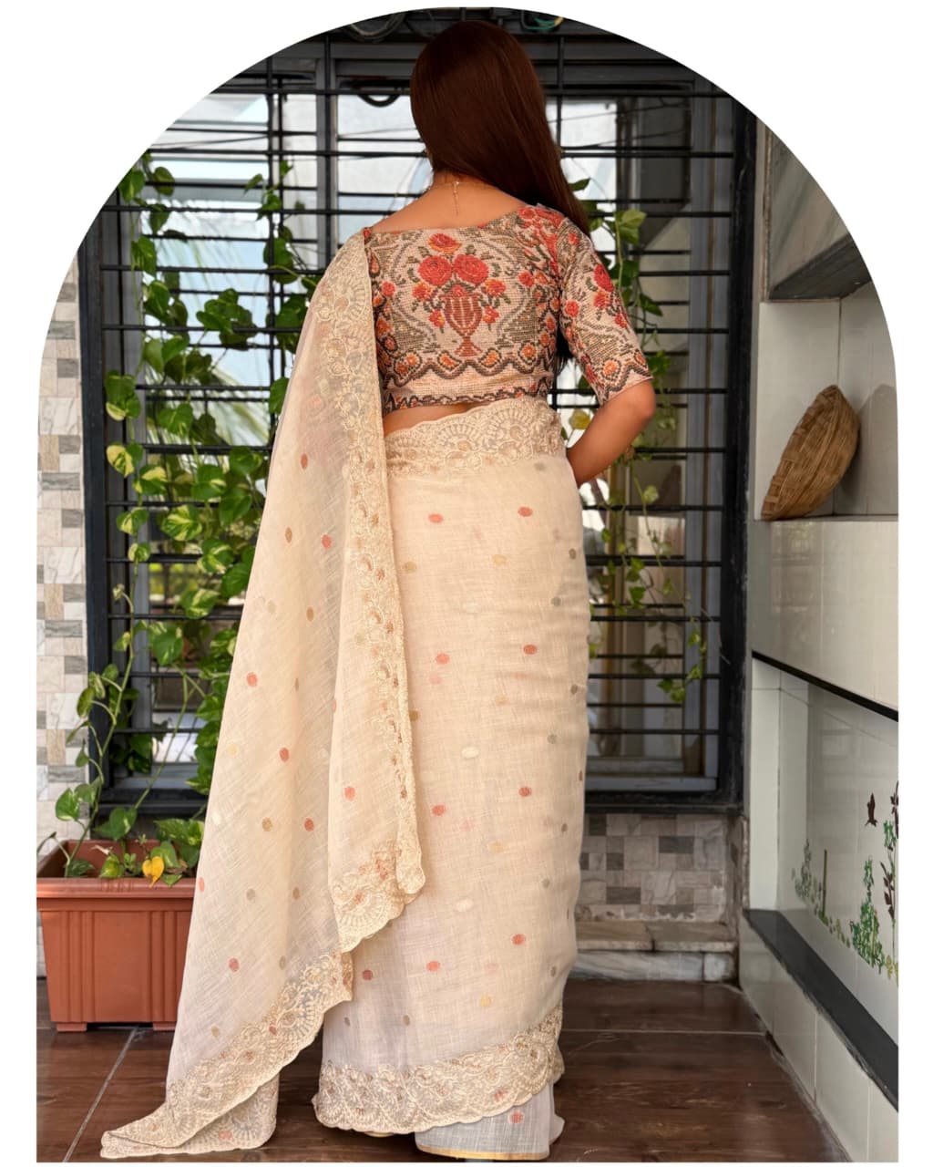 Elegant Beige Hand-Embroidered Linen Saree