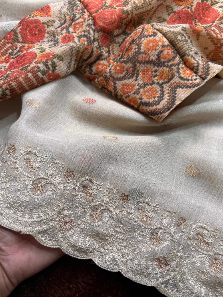 Elegant Beige Hand-Embroidered Linen Saree