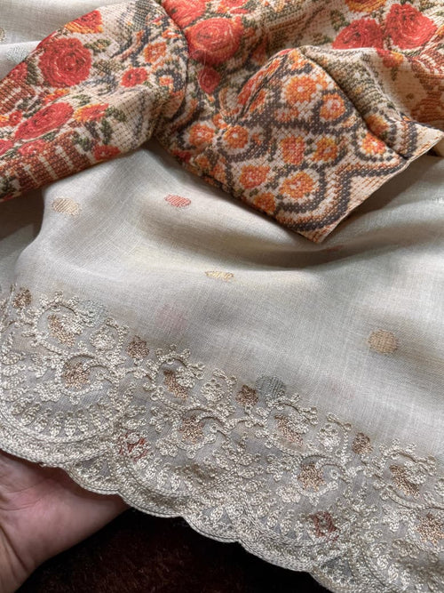 Elegant Beige Hand-Embroidered Linen Saree