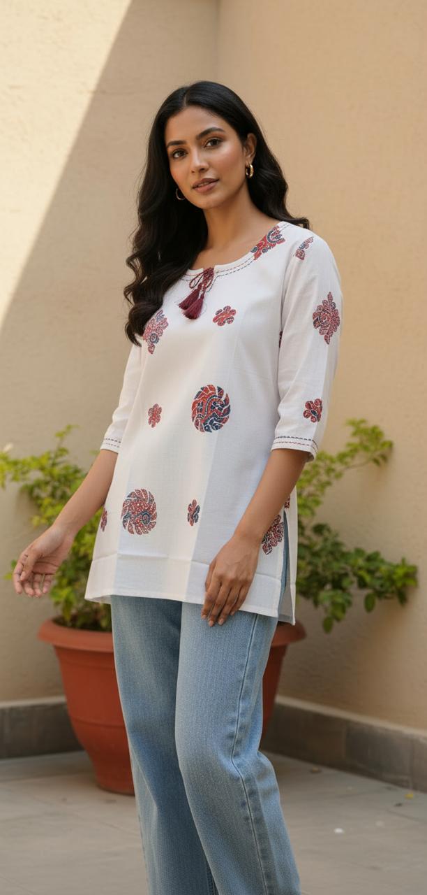 Ivory Printed Tassel Kurta Top