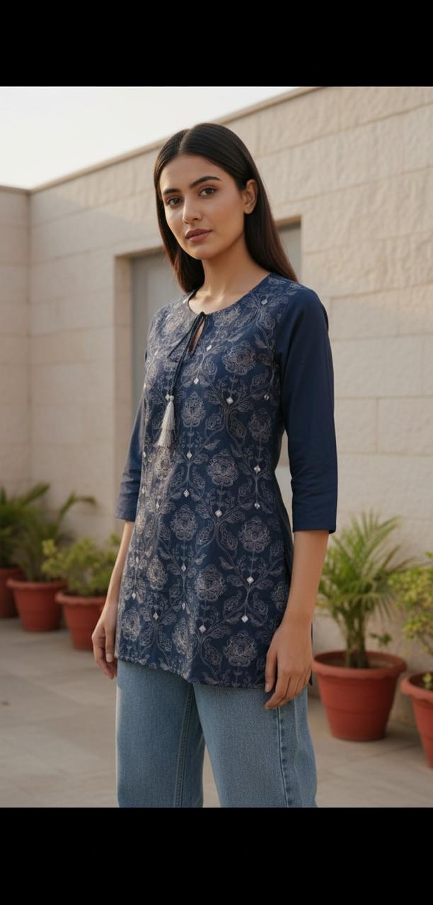 Midnight Bloom Printed Short Kurta