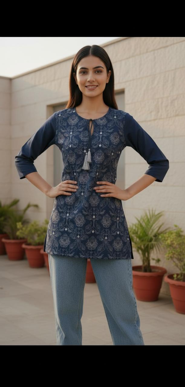 Midnight Bloom Printed Short Kurta