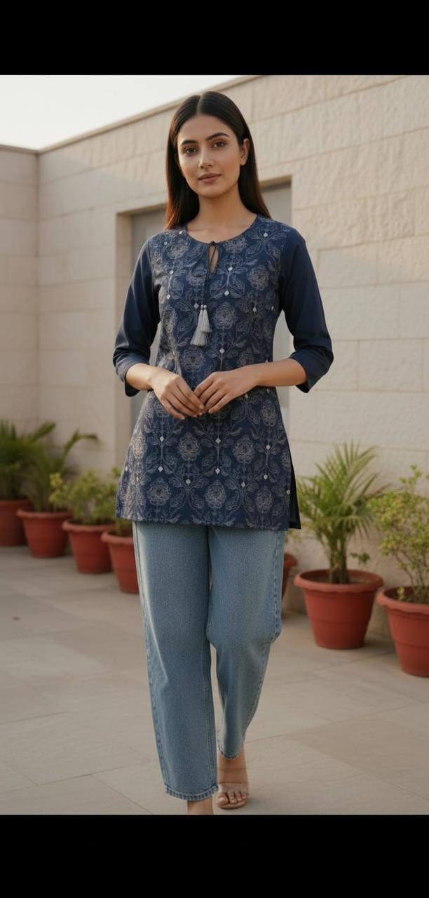 Midnight Bloom Printed Short Kurta