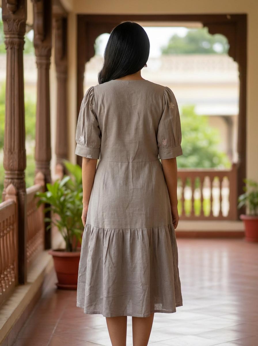 Taupe Embroidered Button-Down Dress