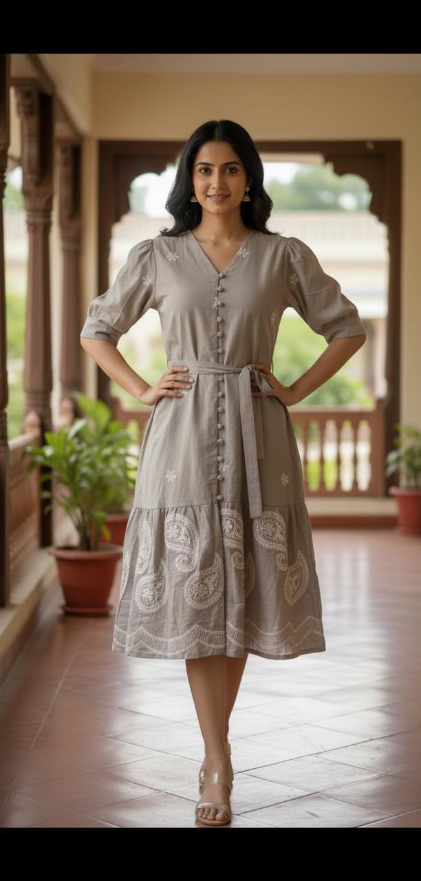 Taupe Embroidered Button-Down Dress
