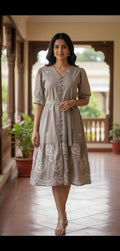 Taupe Embroidered Button-Down Dress