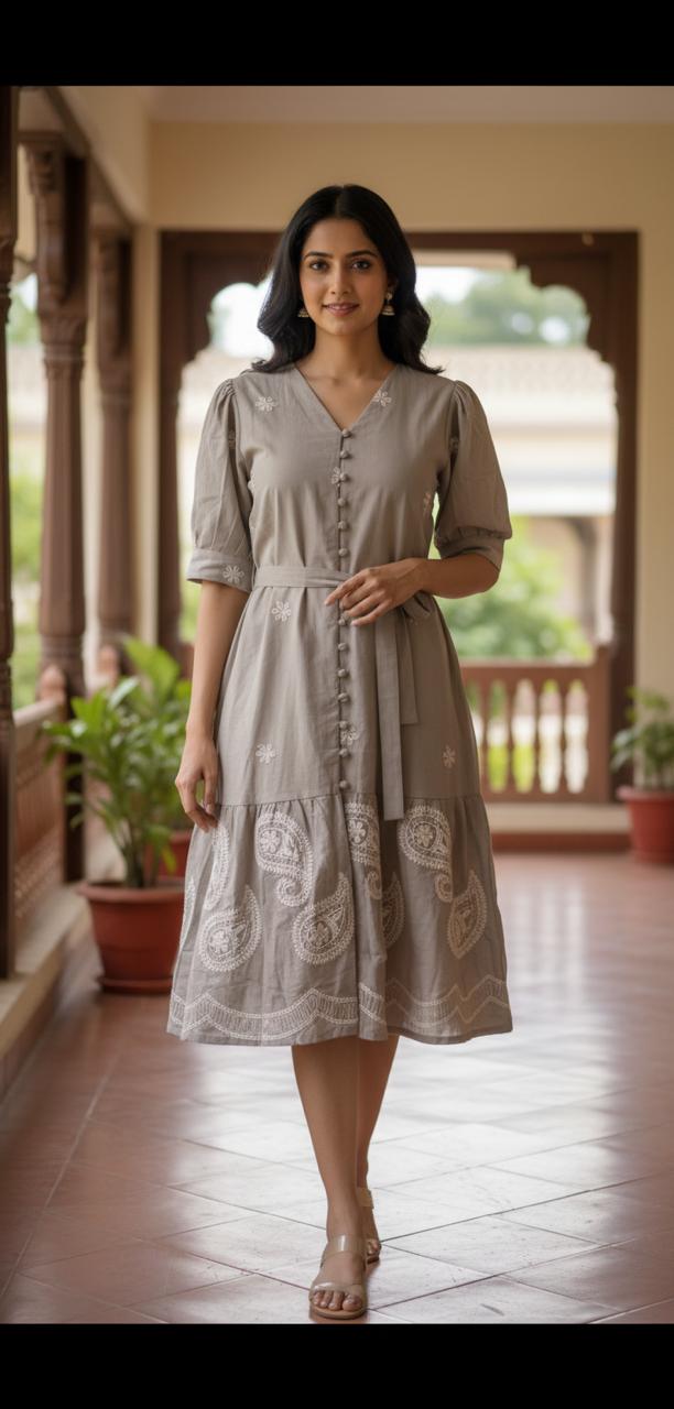 Taupe Embroidered Button-Down Dress